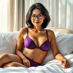 A hyper-realistic portrait of an elegant woman resembling a mature Lucy Liu, 48 years old, with shoulder-length black hair styled elegantly, wearing a stylish purple bikini and fashionable glasses