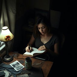 A woman sitting at a small, cluttered desk in her dimly lit bedroom, writing in her diary