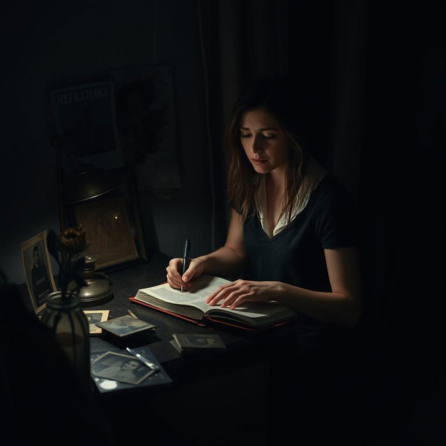 A woman sitting at a small, cluttered desk in her dimly lit bedroom, writing in her diary