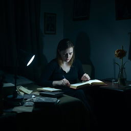 A woman sitting at a small, cluttered desk in her dimly lit bedroom, writing in her diary