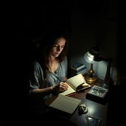 A woman sitting at a small, cluttered desk in her dimly lit bedroom, writing in her diary