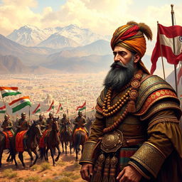 A historical scene depicting Ahmad Shah Durrani (also known as Ahmad Shah Abdali) on the battlefield, showcasing his leadership during the mid-18th century