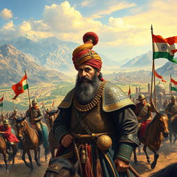A historical scene depicting Ahmad Shah Durrani (also known as Ahmad Shah Abdali) on the battlefield, showcasing his leadership during the mid-18th century