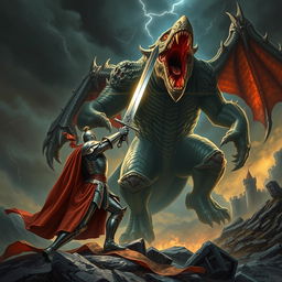 A dramatic scene depicting a heroic knight clad in shining armor, valiantly battling a ferocious, mythical monster that looms above him