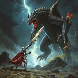 A dramatic scene depicting a heroic knight clad in shining armor, valiantly battling a ferocious, mythical monster that looms above him