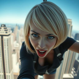 A beautiful blonde woman with a distinct bowl cut hairstyle, striking blue eyes, and vibrant red lips, captured in the moment of falling off a skyscraper