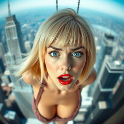 A beautiful blonde woman with a distinct bowl cut hairstyle, striking blue eyes, and vibrant red lips, captured in the moment of falling off a skyscraper