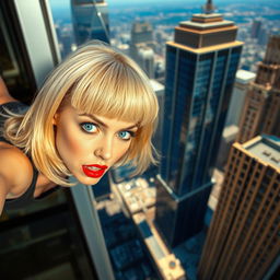 A beautiful blonde woman with a distinct bowl cut hairstyle, striking blue eyes, and vibrant red lips, captured in the moment of falling off a skyscraper