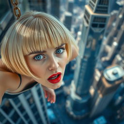 A beautiful blonde woman with a distinct bowl cut hairstyle, striking blue eyes, and vibrant red lips, captured in the moment of falling off a skyscraper
