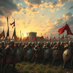 A detailed depiction of an army from the year 1200, showcasing soldiers in medieval armor, battle gear, and various weapons of the time such as swords, shields, and crossbows