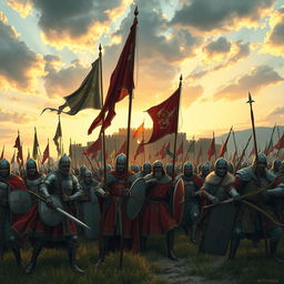 A detailed depiction of an army from the year 1200, showcasing soldiers in medieval armor, battle gear, and various weapons of the time such as swords, shields, and crossbows