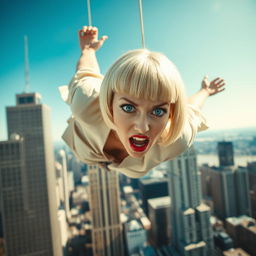 A beautiful blonde woman with a bowl cut hairstyle, striking blue eyes, and vivid red lips, captured mid-fall from a skyscraper