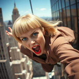 A beautiful blonde woman with a bowl cut hairstyle, striking blue eyes, and vivid red lips, captured mid-fall from a skyscraper