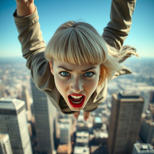 A beautiful blonde woman with a bowl cut hairstyle, striking blue eyes, and vivid red lips, captured mid-fall from a skyscraper