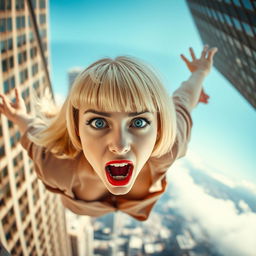 A beautiful blonde woman with a bowl cut hairstyle, striking blue eyes, and vivid red lips, captured mid-fall from a skyscraper