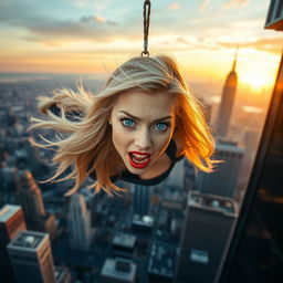 A breathtaking scene featuring a beautiful blonde woman with striking blue eyes and vibrant red lips, depicted as she is falling from a towering skyscraper