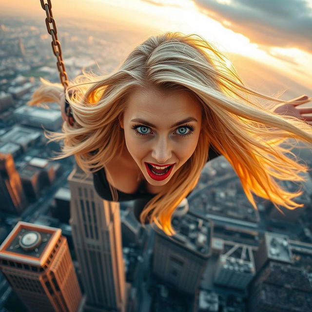 A breathtaking scene featuring a beautiful blonde woman with striking blue eyes and vibrant red lips, depicted as she is falling from a towering skyscraper