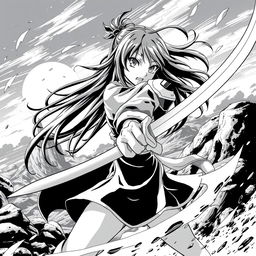 A dynamic depiction of an anime girl in black and white manga-style graphics, striking a powerful pose while holding a sword