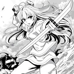 A dynamic depiction of an anime girl in black and white manga-style graphics, striking a powerful pose while holding a sword