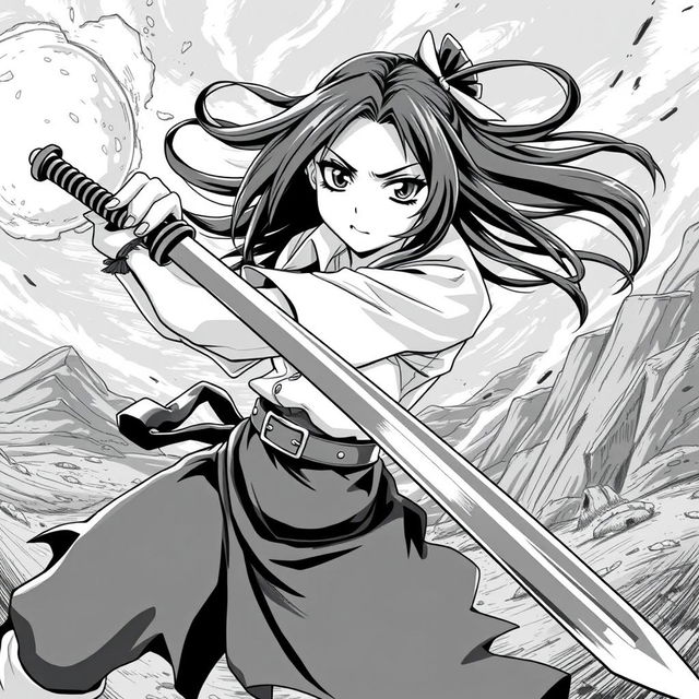 A dynamic depiction of an anime girl in black and white manga-style graphics, striking a powerful pose while holding a sword