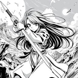 A dynamic depiction of an anime girl in black and white manga-style graphics, striking a powerful pose while holding a sword