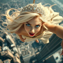 A beautiful blonde elf princess with a sparkling tiara, captivating blue eyes, and striking red lips, portrayed mid-fall from a tall skyscraper
