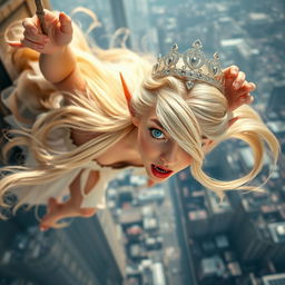 A beautiful blonde elf princess with a sparkling tiara, captivating blue eyes, and striking red lips, portrayed mid-fall from a tall skyscraper