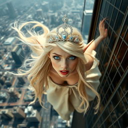 A beautiful blonde elf princess with a sparkling tiara, captivating blue eyes, and striking red lips, portrayed mid-fall from a tall skyscraper