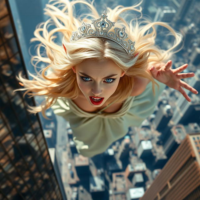 A beautiful blonde elf princess with a sparkling tiara, captivating blue eyes, and striking red lips, portrayed mid-fall from a tall skyscraper