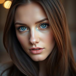 A close-up portrait of a beautiful woman with striking blue eyes and long, flowing brunette hair