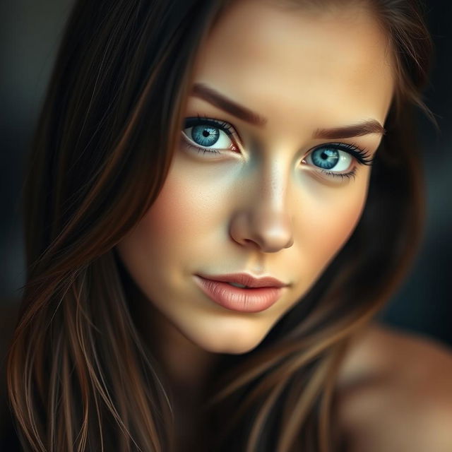 A close-up portrait of a beautiful woman with striking blue eyes and long, flowing brunette hair