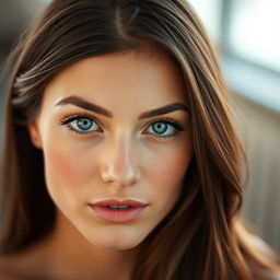 A close-up portrait of a beautiful woman with striking blue eyes and long, flowing brunette hair