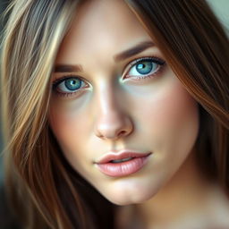A close-up portrait of a beautiful woman with striking blue eyes and long, flowing brunette hair