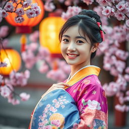 A beautiful Korean girl wearing a vibrant, intricately designed hanbok, standing elegantly with one hand gently holding the edge of her garment