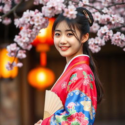 A beautiful Korean girl wearing a vibrant, intricately designed hanbok, standing elegantly with one hand gently holding the edge of her garment