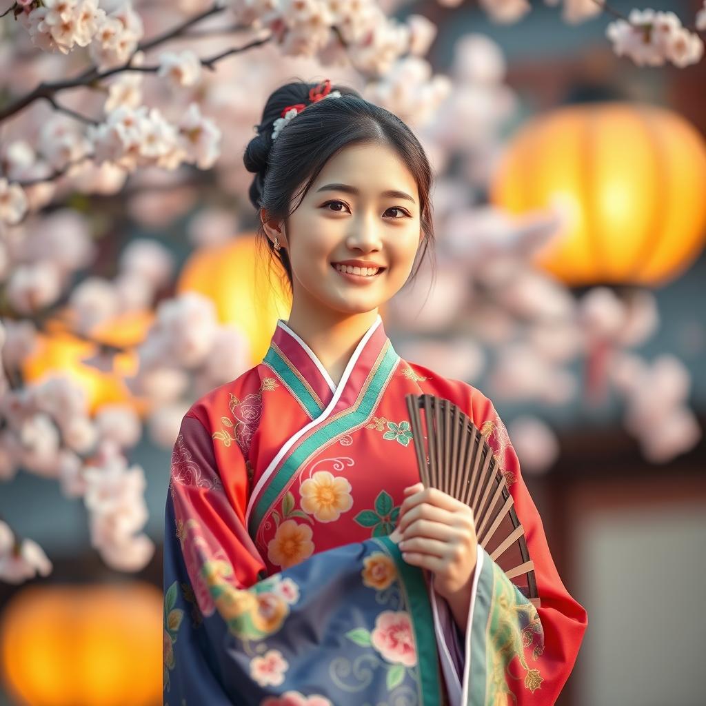 A beautiful Korean girl wearing a vibrant, intricately designed hanbok, standing elegantly with one hand gently holding the edge of her garment