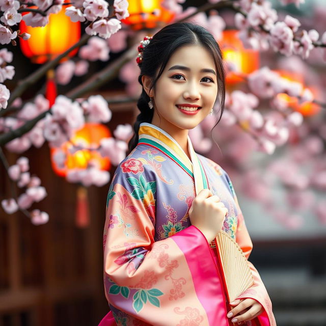 A beautiful Korean girl wearing a vibrant, intricately designed hanbok, standing elegantly with one hand gently holding the edge of her garment