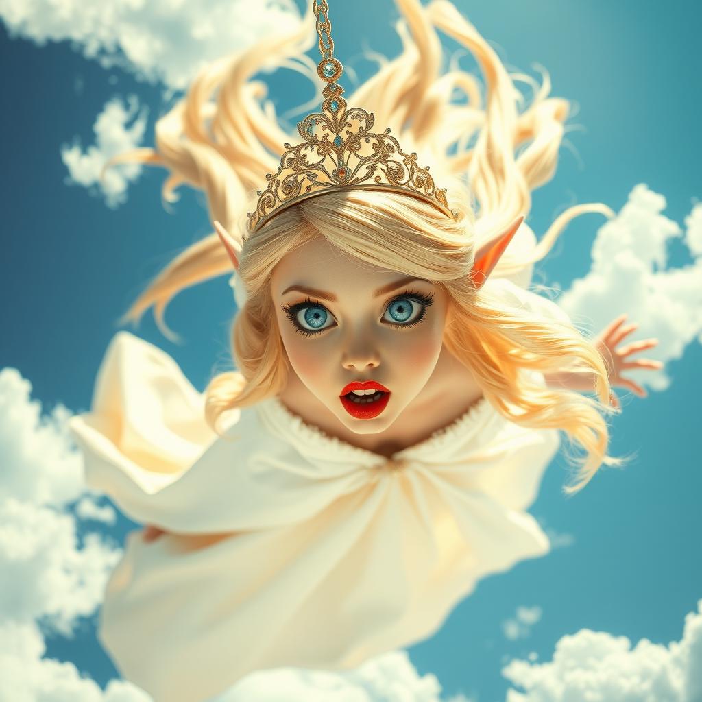 A stunning blonde elf princess with an intricate tiara, sparkling blue eyes, and luscious red lips, is gracefully falling from the sky