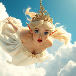 A stunning blonde elf princess with an intricate tiara, sparkling blue eyes, and luscious red lips, is gracefully falling from the sky