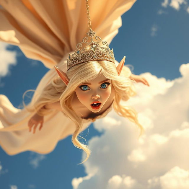 A stunning blonde elf princess with an intricate tiara, sparkling blue eyes, and luscious red lips, is gracefully falling from the sky