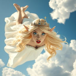 A stunning blonde elf princess with an intricate tiara, sparkling blue eyes, and luscious red lips, is gracefully falling from the sky