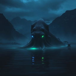 In the depths of a dark lake surrounded by towering mountains at midnight, a gigantic sea monster resembling an octopus can be seen
