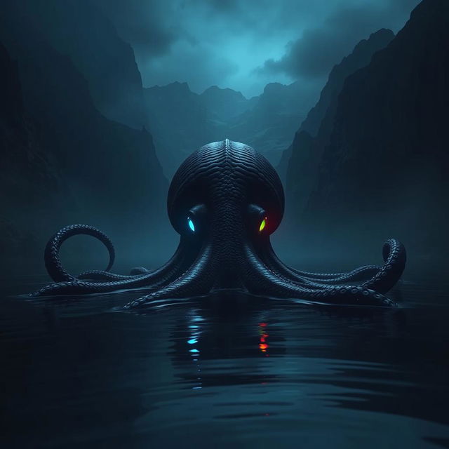 In the depths of a dark lake surrounded by towering mountains at midnight, a gigantic sea monster resembling an octopus can be seen