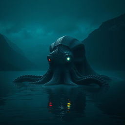 In the depths of a dark lake surrounded by towering mountains at midnight, a gigantic sea monster resembling an octopus can be seen