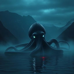 In the depths of a dark lake surrounded by towering mountains at midnight, a gigantic sea monster resembling an octopus can be seen