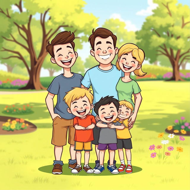 A cheerful cartoon family portrait featuring two happy sons