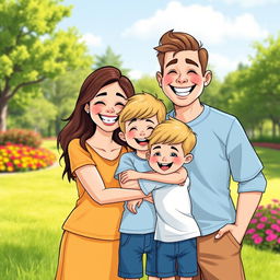 A cheerful cartoon family portrait featuring two happy sons