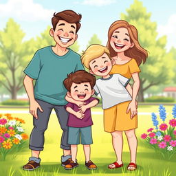 A cheerful cartoon family portrait featuring two happy sons