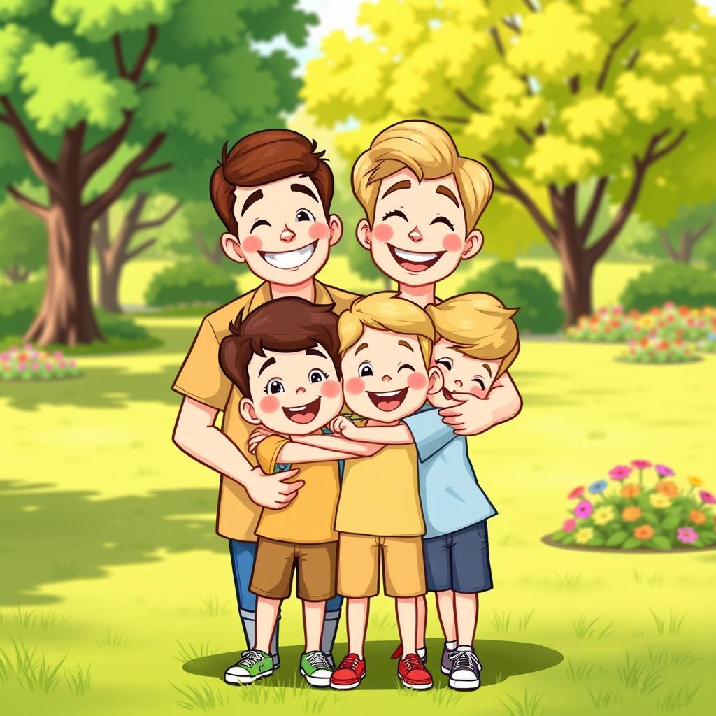 A cheerful cartoon family portrait featuring two happy sons