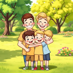 A cheerful cartoon family portrait featuring two happy sons
